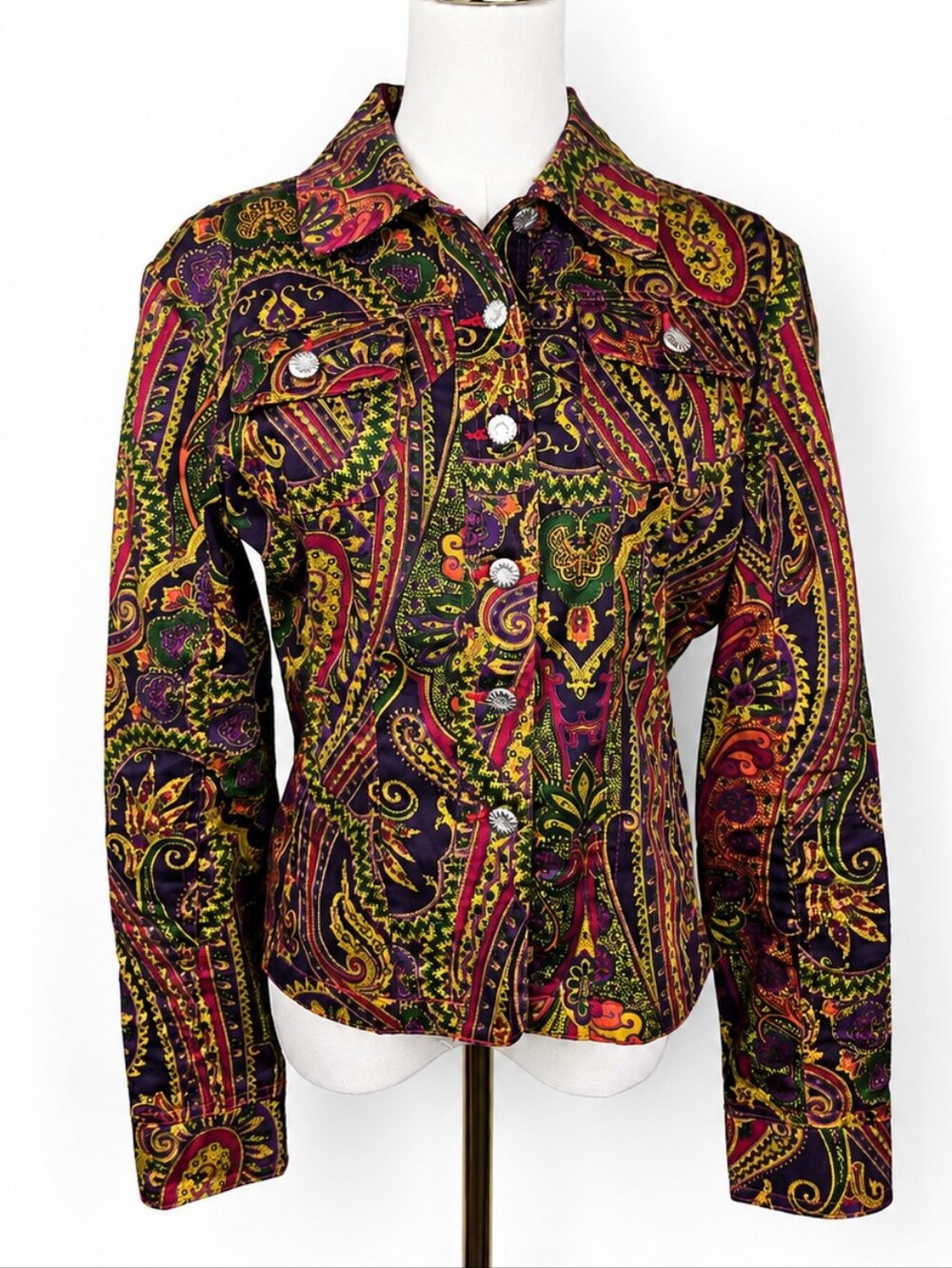 Y2K L.A. Live A Little Paisley Print Stretch Denim Jacket Boho Vintage 90s Small